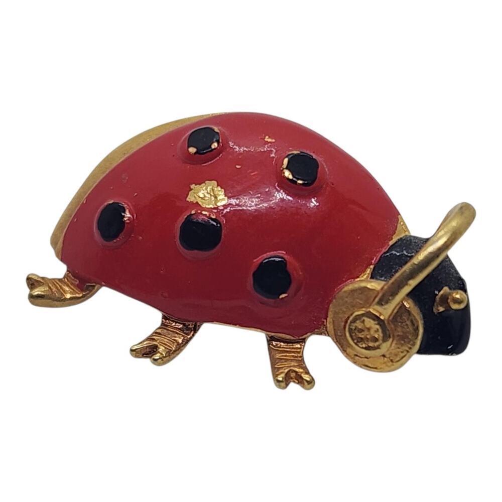 Alan J Ladybug Brooch Headphones Music Enamel Gold Tone Whimsical Pin Vintage